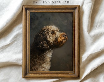 May include: A framed vintage portrait of a dog with curly brown and white fur, set against a dark background. The dog is facing right, with a focused gaze. The frame is a warm, golden brown. Text at the top reads "RALPH'S VINTAGE ART."