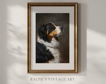 Puede incluir: Retrato enmarcado de un perro de montaña bernés. El perro está representado en una vista de tres cuartos, con pelaje negro, blanco y marrón. La obra de arte está en un marco dorado, y el texto "RALPH'S VINTAGE ART" está en la parte inferior.