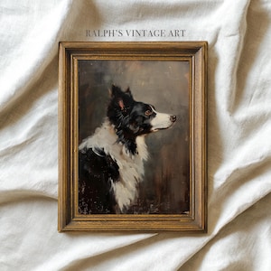 May include: A framed vintage painting of a Border Collie dog. The dog is shown in profile, with black and white fur and a focused gaze. The painting is set against a dark background, and the frame is a warm, golden colour. The text "RALPH'S VINTAGE ART" is at the top.