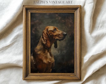 Puede incluir: Pintura vintage enmarcada de un perro marrón con orejas largas, sobre un fondo oscuro y melancólico. La obra de arte está en un marco de madera dorada. El texto "RALPH'S VINTAGE ART" está en la parte superior del marco.