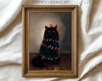 May include: A framed vintage print showing a black cat decorated with colourful Christmas lights and a red star. The artwork, labelled "RALPH'S VINTAGE ART", has a warm aesthetic, ideal for festive home decor.