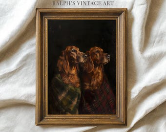 Irish Setters in Tartan Shawls: Vintage Oil Painting with Warm Lighting