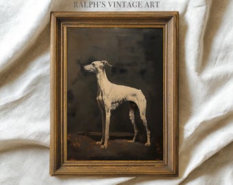 Puede incluir: Pintura vintage enmarcada de un galgo blanco sobre un fondo oscuro. El perro está de pie, mirando hacia la izquierda, con una figura esbelta. El marco es de color dorado envejecido. El texto "RALPH'S VINTAGE ART" está en la parte superior.