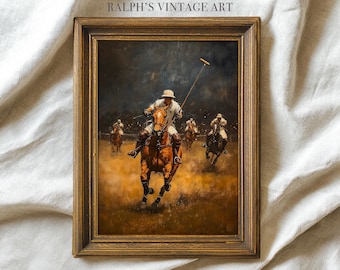 Polo Match in Motion: Vintage Oil Painting, Ralph Lauren Equestrian Style