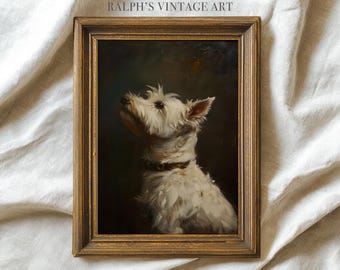 Puede incluir: Pintura vintage enmarcada que representa un perro blanco con collar marrón, mirando hacia arriba. La obra de arte está sobre un fondo oscuro, con el texto "RALPH'S VINTAGE ART" en la parte superior. El marco es marrón dorado.