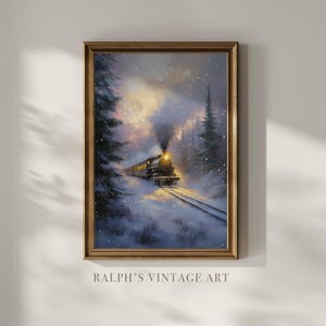 Può includere: Dipinto vintage incorniciato raffigurante un treno a vapore che viaggia attraverso una foresta innevata al tramonto. Il faro del treno illumina i binari, con il testo "RALPH'S VINTAGE ART" in basso.