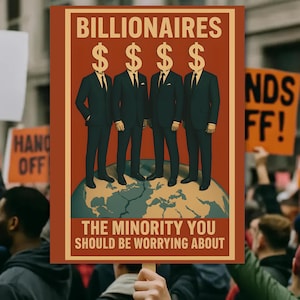 Könnte beinhalten: Ein Protestschild mit dem Wort "BILLIONAIRES" oben und vier Figuren mit Dollarzeichen als Köpfe. Der Text "THE MINORITY YOU SHOULD BE WORRYING ABOUT" steht unten. Die Figuren stehen auf einem Globus.