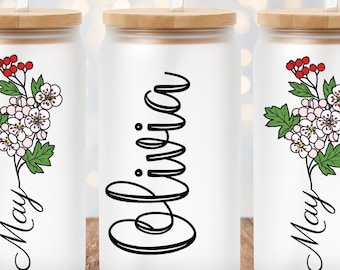 Personalized Birth Flower Glass Can Cup,Custom Name Iced Coffee Glass,Birthday Floral Tumbler With Bamboo Lid,Unique Gift For Her
