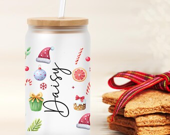 Vaso de lata de muñeco de nieve navideño personalizado con nombre: vaso esmerilado navideño con tapa de bambú y pajita, un bonito regalo de Navidad para sus hijos.