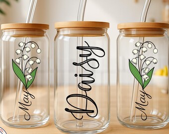 Birth Month Flower Glass Can Cup,Personalized Name Glass Tumbler,Custom Floral Glass Cup,Bamboo Lid Iced Coffee Cup,Gift For Her