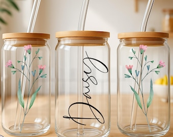 Personalized Floral Glass Cup with Bamboo Lid & Straw • Custom Name Clear or Frosted Iced Coffee Tumbler • Aesthetic Gift for Her