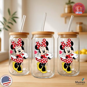 Personalized Minnie Mouse Glass Cup, Disney Tumbler With Straw, Custom Name Iced Coffee Cup, Minnie Gift Cup, Cute Glass Can Cup image 1