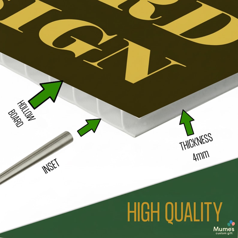 May include: Close-up of a brown sign with gold lettering. The sign is made of a hollow board with a thickness of 4mm. The text "HIGH QUALITY" is at the bottom of the image.