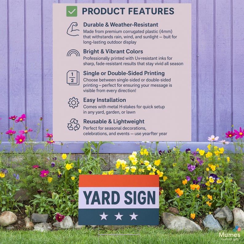 May include: A rectangular yard sign with a red, white, and blue design, featuring the text "YARD SIGN" and three white stars. The sign is displayed in a garden with colorful flowers and a purple wooden fence in the background.