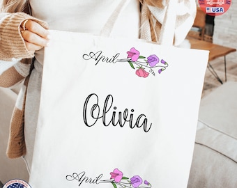 Personalized Birth Flower Tote Bag with Custom Name, Birth Month Wildflower Canvas Bag, Floral Gift for Her, Custom Name Tote