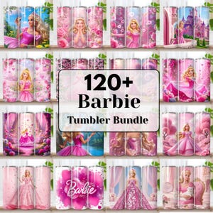 Peut inclure: Une collection de gobelets roses sur le thème de Barbie. Les gobelets présentent diverses illustrations de Barbie, des motifs floraux et le logo Barbie. Le texte "120+ Barbie Tumbler Bundle" est affiché au centre. Les gobelets sont conçus avec une paille et un couvercle.