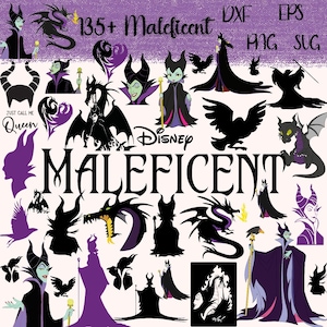 May include: A collection of Maleficent-themed digital designs. The image features various silhouettes and illustrations of Maleficent, her dragon form, and related imagery. Text includes "135+ Maleficent," "Just Call Me Queen," and file type indicators.