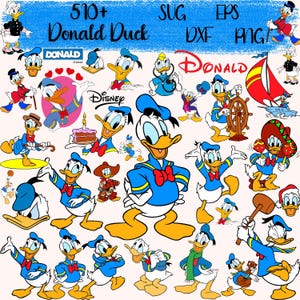 May include: A selection of Donald Duck illustrations in different poses and outfits. The images show Donald Duck in his classic sailor suit and other themed costumes. The text "510+ Donald Duck" is displayed at the top, along with file type abbreviations.