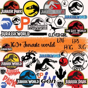 Peut inclure: Une collection de logos et graphiques Jurassic Park et Jurassic World de différentes couleurs et designs. Comprend du texte tel que "Jurassic Park", "Jurassic World" et "Clever Girl". L'image présente également des silhouettes de dinosaures et une empreinte de pas de dinosaure.