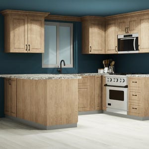 May include: A modern kitchen with light wood cabinets, a granite countertop, and stainless steel appliances. The kitchen features a built-in microwave, oven, and a gas stovetop. The walls are painted a deep teal color, and the floor is light wood.