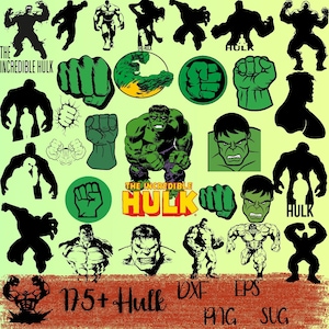 Puede incluir: Una colección de gráficos temáticos de Hulk en varios estilos. Incluye siluetas, ilustraciones detalladas y el texto "The Incredible Hulk". La paleta de colores presenta verde, negro y blanco. Formatos: DXF, EPS, PNG y SVG.