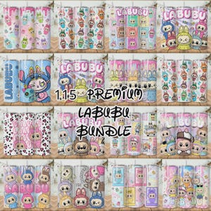 May include: A selection of LABUBU-themed stainless steel tumblers. The tumblers display diverse, colourful designs, including cartoon characters and patterns. Some tumblers have the text "LABUBU" and "1.1.5 PREMIUM" printed on them. The tumblers are designed for beverages.