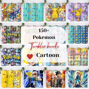 May include: A collection of cartoon-themed tumblers featuring various Pokemon characters and designs. The tumblers showcase vibrant colors and detailed illustrations, with some featuring text that reads "150+ Pokemon Tumbler bundle Cartoon".