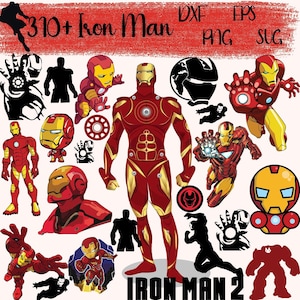 Può includere: Una collezione di grafiche di Iron Man in varie pose e stili. Le immagini includono illustrazioni a corpo intero, primi piani e sagome in rosso, oro e nero. Il testo "310+ Iron Man" è visibile, insieme ai tipi di file.