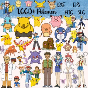 Könnte beinhalten: Eine Sammlung von Cartoon-Illustrationen verschiedener Pokémon-Charaktere, darunter Pikachu, Schiggy und Glumanda. Das Bild enthält auch den Text "1.660+ Pokemon" zusammen mit Dateityp-Indikatoren wie DXF, EPS, PNG und SVG.