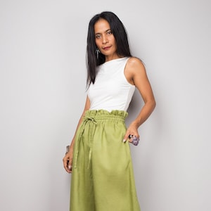 Loose wide Linen trousers, Handmade long linen palazzo pants with pockets. Green high waist women&#39;s summer linen pants, natural linen pants