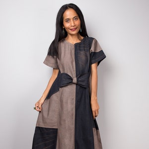 Vestido de mezclilla, Vestido de longitud media, Vestido de mezclilla lavado a la piedra, Vestido de mezclilla de manga corta