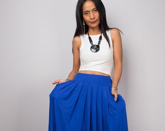 Long Blue Maxi skirt with pockets, Full skirt, Handmade High waist women's skirt, Gathered skirt URB2