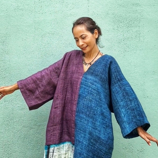 Kaftan dress, Indigo dress, handwoven hemp caftan, Blue and purple dress with shibori tie dye.  Loose fit casual dress with pockets