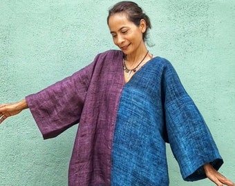 Kaftan dress, Indigo dress, handwoven hemp caftan, Blue and purple dress with shibori tie dye.  Loose fit casual dress with pockets