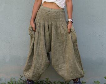 Sage Green Cotton gauze harem pants – Lightweight, Breathable Boho Trousers