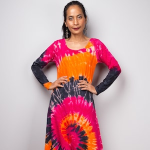 Tie dye dress for women, Hippie Festival dress, Rainbow maxi dress with long sleeves, Colourful summer dress : Funky Collection RALS010