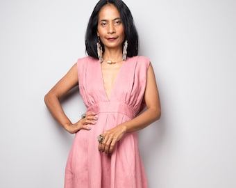 Linen Dress, Sleeveless pink maxi dress, Long linen cocktail dress, Women's Evening dress, Summer holiday dress, Party dress OS2
