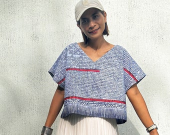 Pullover v neck top, Short cotton pullover top.  Hill tribe fabric cotton top with hand drawn batik design