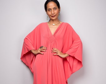 Pink Kaftan Dress: Coral Maxi Kimono with Batwing Sleeves