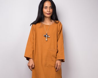 Long sleeve midi dress with pocket | Loose fit orange cotton dress with split