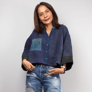 Indigo Hemp blouse shirt top.  Dark blue hemp jacket buttoned top. Hill tribe fabric with patchwork design