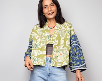 Chaqueta kimono de algodón verde: tela japonesa recuperada estilo bohemio