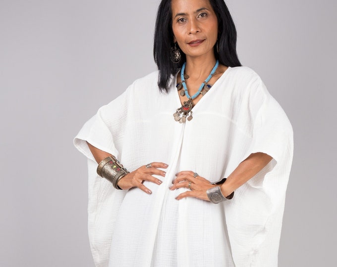 Soft Cotton Gauze Dress, White Kaftan, Plus Size Maxi Dress, Oversized