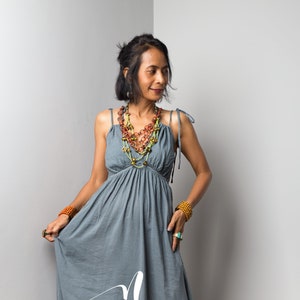 Cotton strap dress with open back, short front boho dress, bohemian maxi dress, grey summer beach dress with pockets and straps. image 3