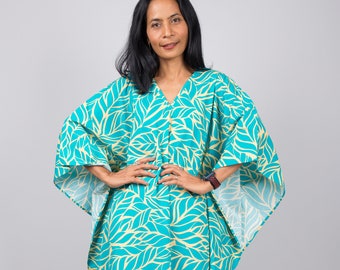 コットンカフタンマキシドレス、ターコイズリーフプリント、ボヘミアンリゾートウェア