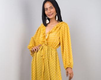 Polka dot dress, Yellow chiffon maxi dress with low v shaped plunging neckline, sundress with ruffles and long sleeves