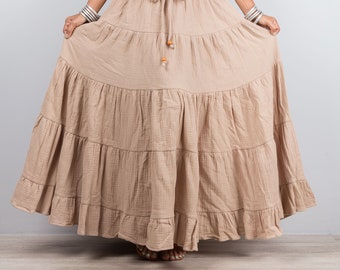 Cotton Gauze Maxi Skirt, Light Brown Tiered Peasant Skirt