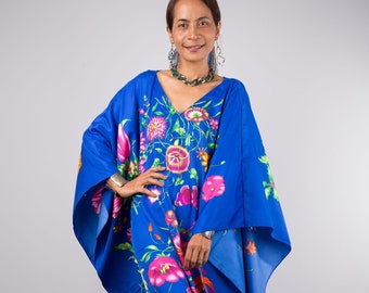 Silk satin kaftan for women, Plus Size caftan, Blue Kaftan Maxi Dress, Tropical Floral loose fit dress, Long Dress Kaftan, sleepwear dress