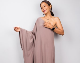 One shoulder dress in taupe,  Long taupe kaftan dress, Off shoulder evening dress, cocktail dress, gray brown party dress, caftan maxi dress