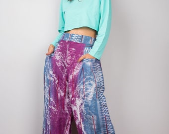 Loose fit hemp pants, Purple tie dye pants made from hill tribe hemp fabric. Hmong fabric trousers with zipper and pocket.  Batik pants